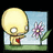 Pixelated character with large yellow head and single eye holds red heart, standing beside purple flower on green grass under blue sky.