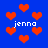 Blue background with scattered red pixelated hearts and repeated white text 'jenna' in a retro digital style.
