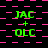 Green text 'JAC + OLC' repeated across a black background with pink checkered and striped patterns.