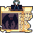 Pixel art of a dark winged creature with red eyes on a document-like background with text and a clip.