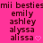 A static image with a bright pink background displays repeated text in dark brown pixelated font, including 'mii besties', 'emily', 'ashley', 'alyssa', and 'alissa' with heart symbols.