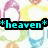 Pixelated image with a central black banner displaying cyan text *heaven* flanked by cyan asterisks, over a blurred background of pastel-colored figures.