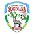 Shield-shaped icon with blue top border, green side borders, and yellow bottom trim. Central gray figure holds soccer ball under palm tree. Red text at top reads "SOCCER".