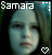 A pixelated portrait of a person with long brown hair, showing two heart symbols and text reading "Samar" at the top.