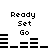 Black and white pixelated animation showing "Ready Set Go" text above horizontal bar sequences that shift across frames.