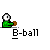 Pixel art icon of a green-shirted figure holding a brown basketball, with 'B-ball' text below; animation shows the ball moving from hand to hoop and through the net.