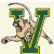 Pixelated figure in green and yellow athletic uniform holding two green and yellow goalposts, arms outstretched, against light background.