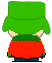 Pixelated cartoon character in green hat and red jacket shown from multiple angles with varying expressions.