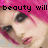 Pixelated image of a person with pink hair and dark eye makeup, featuring text reading 'beauty will never lost' across the top.