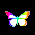 Four pixelated rainbow-colored butterflies with white bodies arranged in a on black background, each displaying distinct wing positions