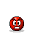 Red pixelated circular face with angry expression, white eyes, black pupils, and mouth in various states above gray background.