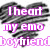 A static image with four distinct sections: a gray heart outline, pink text reading "I heart my emo boyfriend," a black background with pink hearts and white "EMO" text, and red text over a spiral pattern.