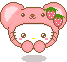 Pixel art of a pink bear-eared character with white face, brown eyes, and pink cheeks, wearing a pink hat with two strawberries on the left ear, holding pink paws.