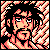 Pixelated static icon of a character with spiky black hair and orange-red facial features against a checkered background, rendered in 8-bit style with dithering effects.