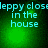 Green background with cyan text reading "leppy close in the house" arranged in four quadrants, showing pixelated animation changes.