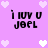 Pixelated text 'i luv u JOEL' on purple background with white and light purple hearts, animated heart arrangement changes.