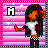 Pixel art of a character with long black hair, orange skin, white shirt, and checkered pants against a pink-purple striped background with white stars.