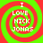 Four identical spiral patterns with red and green concentric rings, each containing white text reading "I LOVE NICK JONAS" in pixelated font.