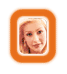 Two side-by-side frames of a pixelated portrait within an orange rounded square border, showing sequential facial expression changes.