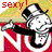 Pixelated image with red text 'SEXY!' above a stylized figure in black and white against colorful background.