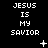 Black background with white pixelated text "JESUS IS MY SAVIOR" repeated in three , featuring animated symbols like plus signs and stars that change position across frames