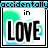 Two side-by-side animated frames of a pixelated buddy icon featuring the text "accidentally in LOVE" with cyan and green gradient backgrounds, black borders, and visible anti-aliasing on letter edges.