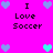 Pixelated icon with bright pink background, black text "I Love Soccer", and alternating light blue/teal heart symbols in corners and center.