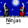 Animated contact sheet of 25 ninja-themed AIM buddy icons with varying poses, weapons, and background elements across multiple frames.