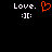 Pixelated text 'Love.' and ':)(' with a red heart symbol on black background, showing animation change.