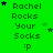 Green background with repeated text 'Rachel Rocks Your Socks' and a winking face, surrounded by small stars in various colors.