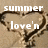 Pixelated image with white text 'summer' above 'love'n' inside a brown heart outline on a beige background.