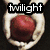 A pixelated image of hands holding a red apple with 'twilight' text above, transitioning to a character portrait and then a hand gesture with 'New moon' text.