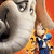 A cartoon character in blue and white clothing stands against an orange background with a large hand holding a smaller figure.