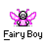 A contact sheet of 10 animated frames showing a pixel art fairy boy character with pink wings and body, displayed in a 4x3 grid on gray background.