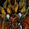 animated character icons with yellow spiky hair, blue eyes, and orange clothing showing progressive color shifts from dark to bright