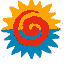 A circular sun-shaped icon with yellow and blue rays and a red spiral center, animated to rotate through different color segmentations.