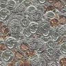 Static image of multiple overlapping metallic coins with visible wear and patina, arranged in a dense pattern against a textured background.