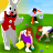 Pixelated static image of a gray Easter Bunny mascot in red vest standing on green grass with three children, one holding yellow basket.