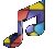 A single musical note icon with stained-glass style colors, displayed in a of nine variations showing different color arrangements