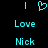 Pixelated cyan text and symbols on black background: vertical bars, heart symbol, 'Love' and 'Nick' words.