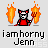 Pixelated character in red outfit holding pitchfork with orange flames on both sides, text below reads 'iamhorny Jenn'