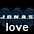 Pixelated icon with dark blue cloud-like shapes behind white text reading 'J.O.N.A.S' and 'love' on a black background.