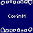Blue background with white pixelated shapes and repeated text "CorinM" in white pixelated font across multiple