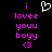 Pixelated text and symbols on black background with pink and white elements, including 'i lovee youu boyy <3' and a heart outline.