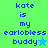 Pixelated text 'kate is my earlobless buddy' with a star symbol on a split green and blue background.