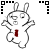 Animated sequence of a white cartoon rabbit with red accents in various poses, including standing, crouching, and lying down, with blue text 'bad day' appearing sequentially.