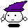Pixelated character with purple wizard hat, white face, black eyes, and black mouth, holding white orbs on both sides against gray background.