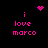 Pixelated pink text 'i love marco' on black background with animated heart and starburst symbols above.