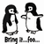 Pixelated black-and-white animation of two penguin-like figures with long hair, one standing still and the other extending arms in a repeated motion sequence.