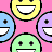 A static contact sheet of four 48x48 pixel animated frames showing a repeating pattern of colorful cartoon smiley faces on a pink background with black outlines and white teeth.